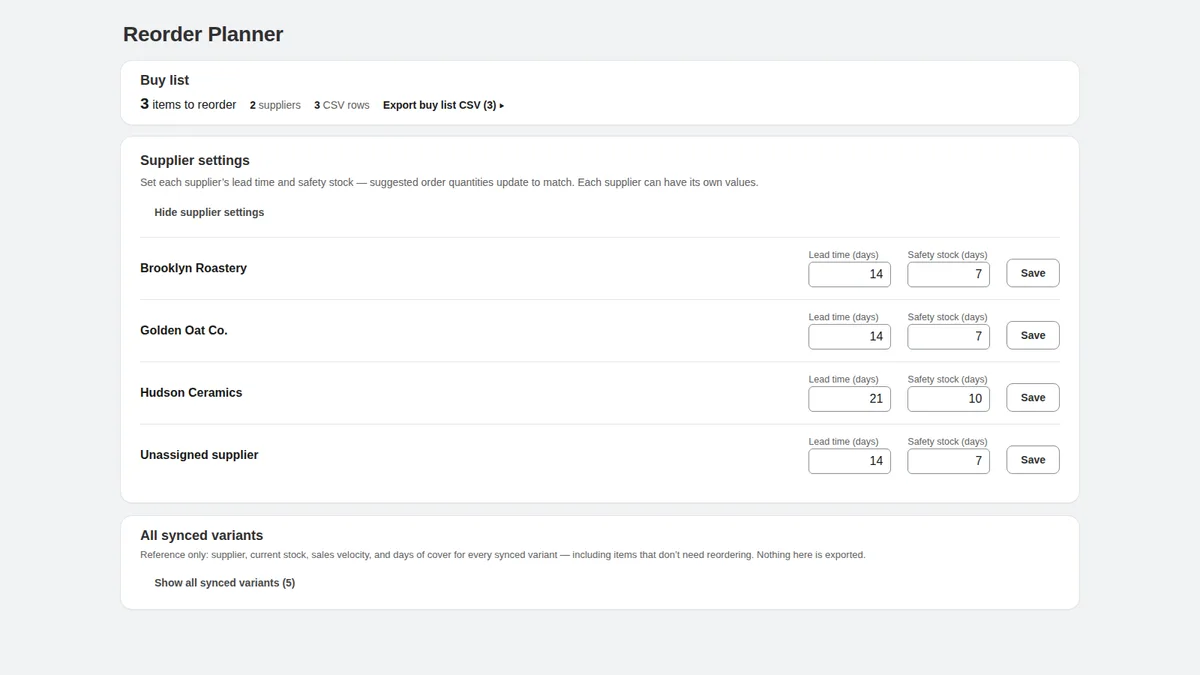 Supplier settings in Reorder Planner: lead time in days and safety stock in days for each supplier, each with a Save button; suggested order quantities update to match.